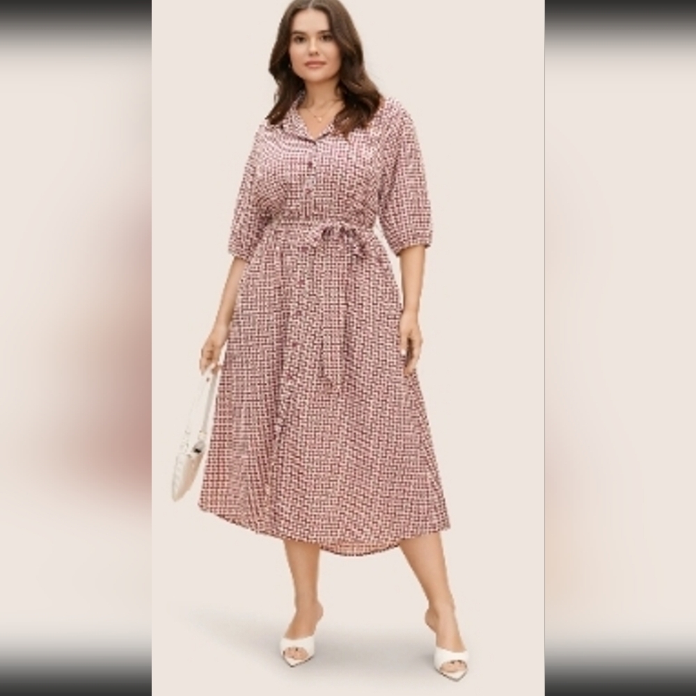 BloomChic Red and White Puff Sleeve Midi Dress